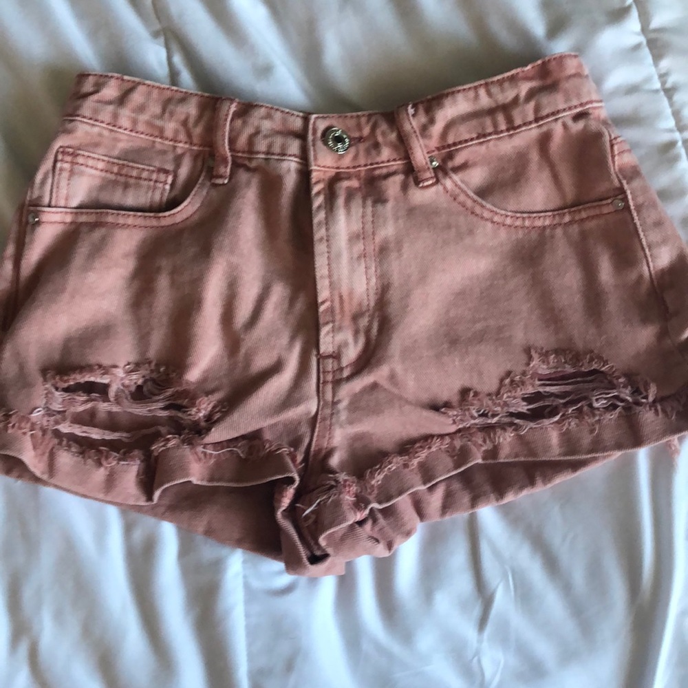 pink distressed denim high waisted shorts